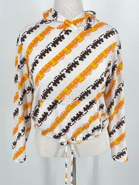 Vintage 70s JC Penney Train Stripe Novelty Print Hoodie Sweatshirt Large